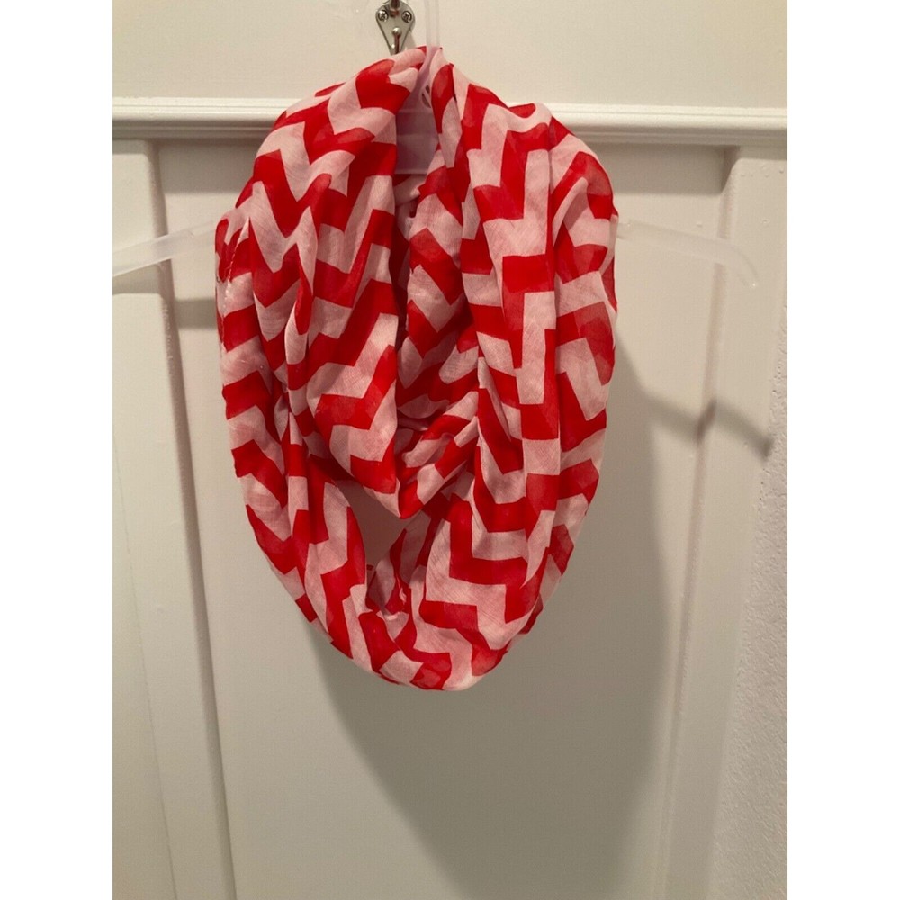 Red & White Chevron Zig Zag Print Infinity Scarf - 22" x 68" Loop for Women